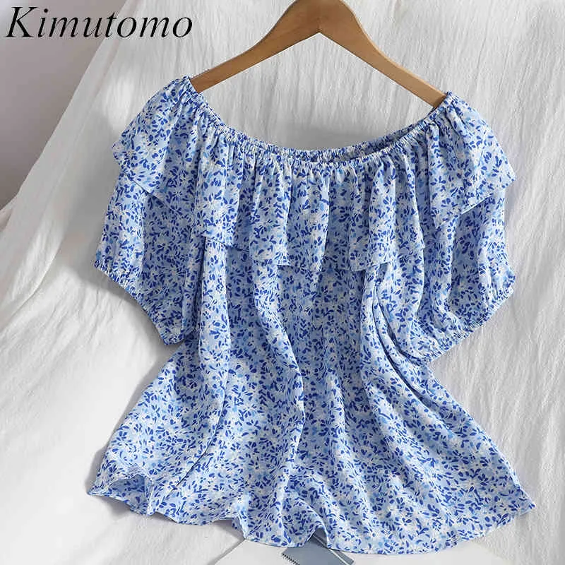 Kimutomo doce estilo fresco blusa floral fina mulheres slash pescoço de manga shuff camisa fora do ombro ruffles chique tops casual 210521