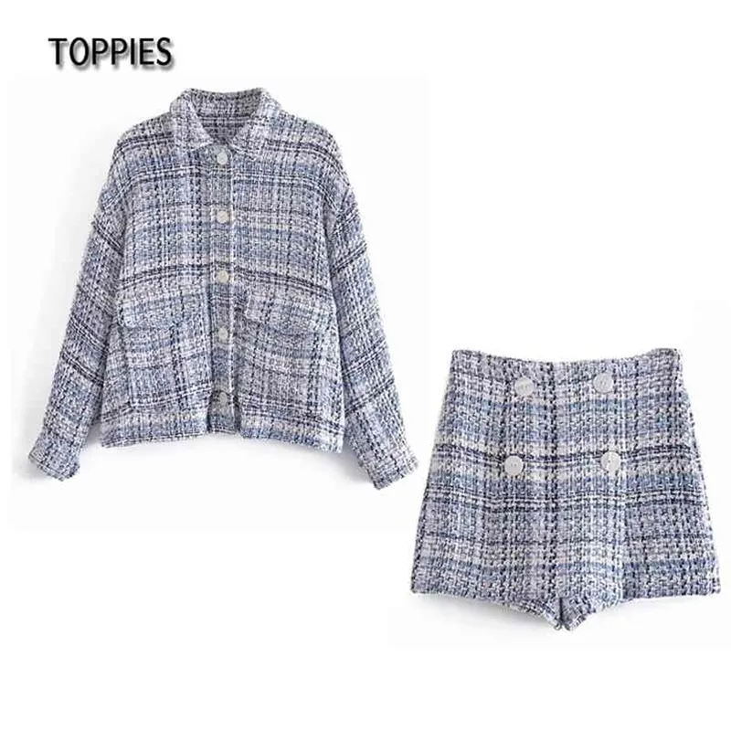 Vintage Twill Tweed Jacket and Shorts Women Suit Set Plaid Two Piece Female High Waist Streetwear 210421