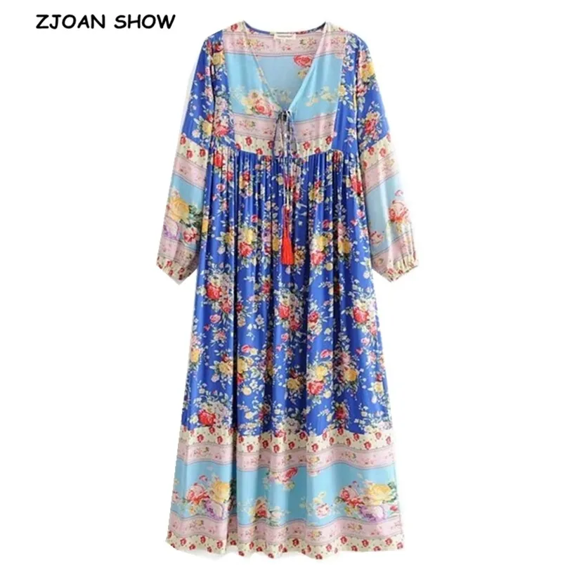 Holiday Lacing up V neck Location Rose Flower Dress Summer Ethnic Woman Long Sleeve Tassel Mid-calf BOHO Vestido 210429