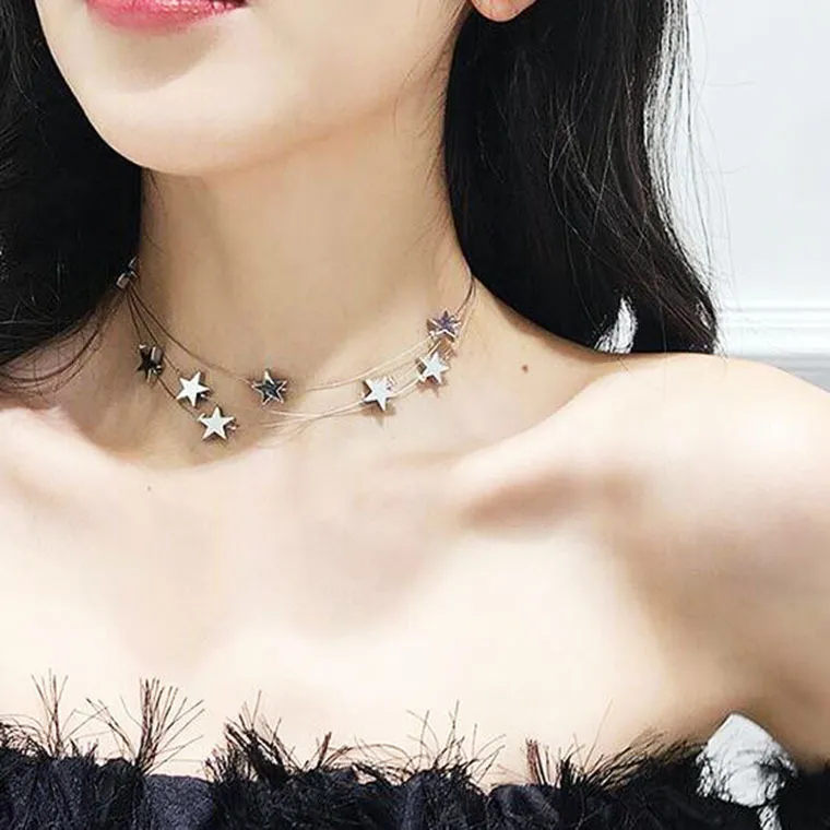 Koreanska eleganta stjärnor Pentagram Choker Halsband Multilayer Sexig kedjekedjedalsband för kvinnor Fashion Party Jewelry Gift J0312