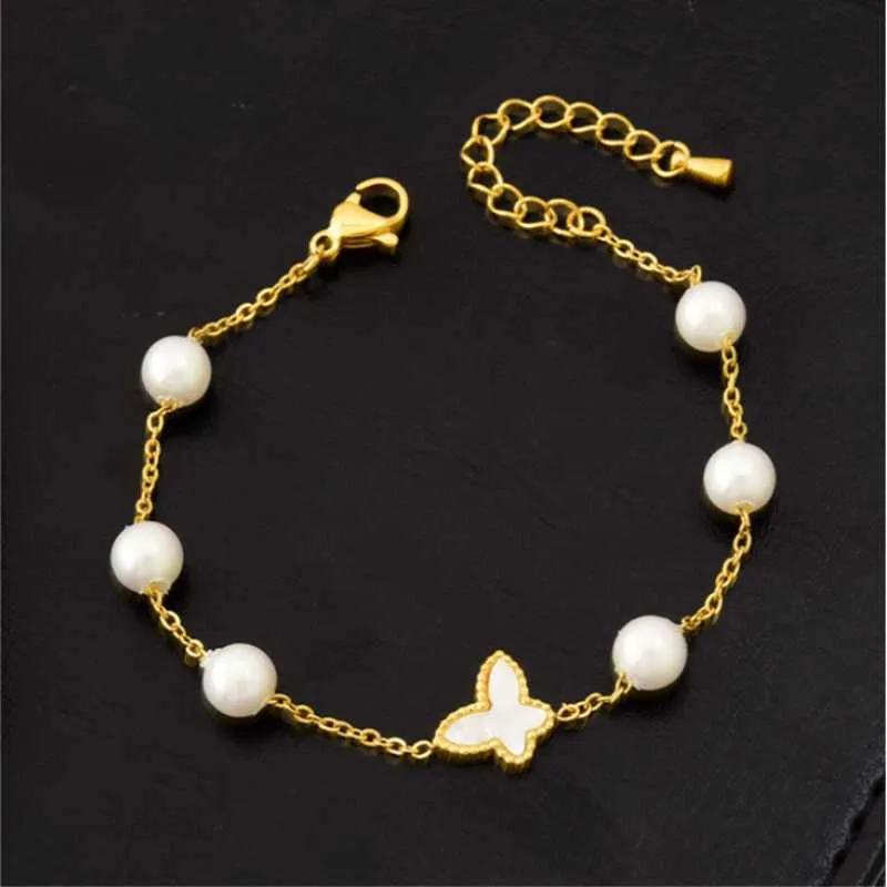Link, łańcuch 316L Ze Stali Nierdzewnej Białe Powłoki Butterfly Pearl Charm Bransoletki Dla Kobiet Moda Trend Fine Jewelry Party Prezent SAB494