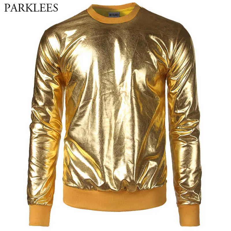 Mens Gold Metallic Shiny Sweatshirts Nightclub Style Party Disco Dance Sweatshirt Men Hip Hop Streetwear Male Stage Clothing 2XL 210522