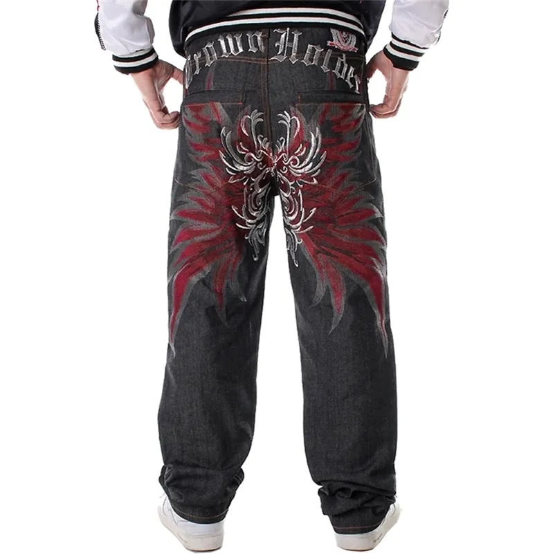 Jeans da uomo Top jeans hip-hop larghi a righe precipitose da uomo stampati pantaloni Hiphop Demin pantaloni ali di fiori ricamati 211120