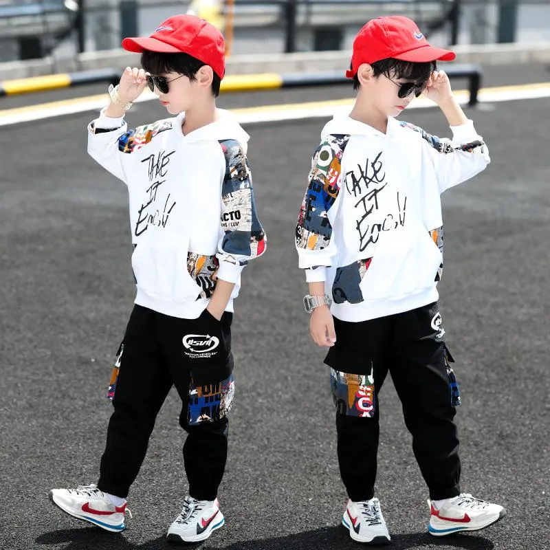 Clothing Sets 2021 Hip Hop Boy Anime Suit Teenager Children Korean GRAFFITI Hooded Cotton Sweater + Pants 5 6 7 8 9 10 11 12 Year