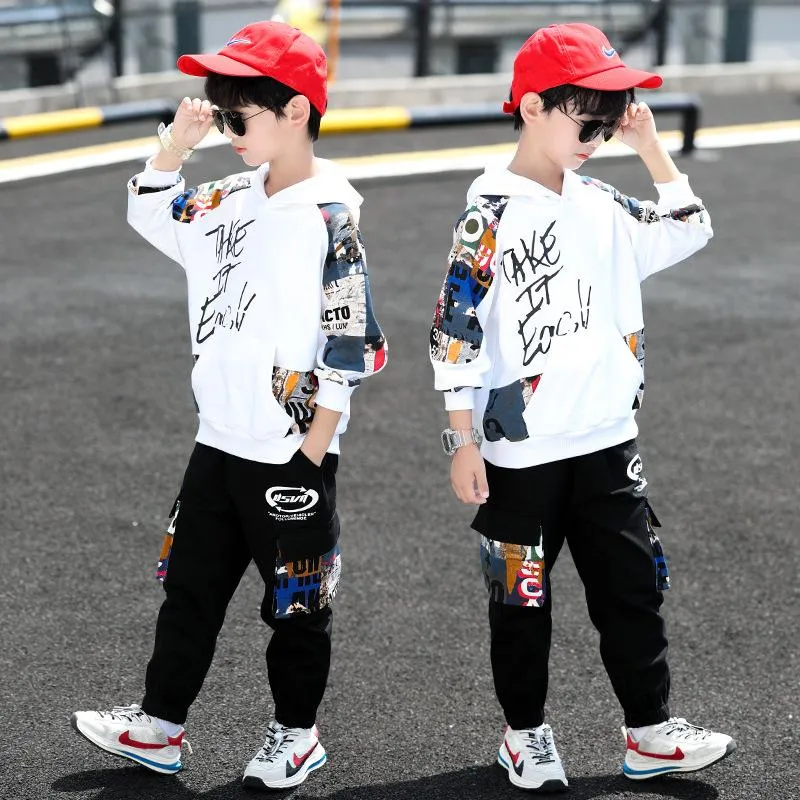 Bekleidungssets 2021 Hip Hop Boy Anime Anzug Teenager Kinder koreanische Graffiti Kapuze -Baumwollpullover + Hosen 5 6 7 8 9 10 11 12 Jahre