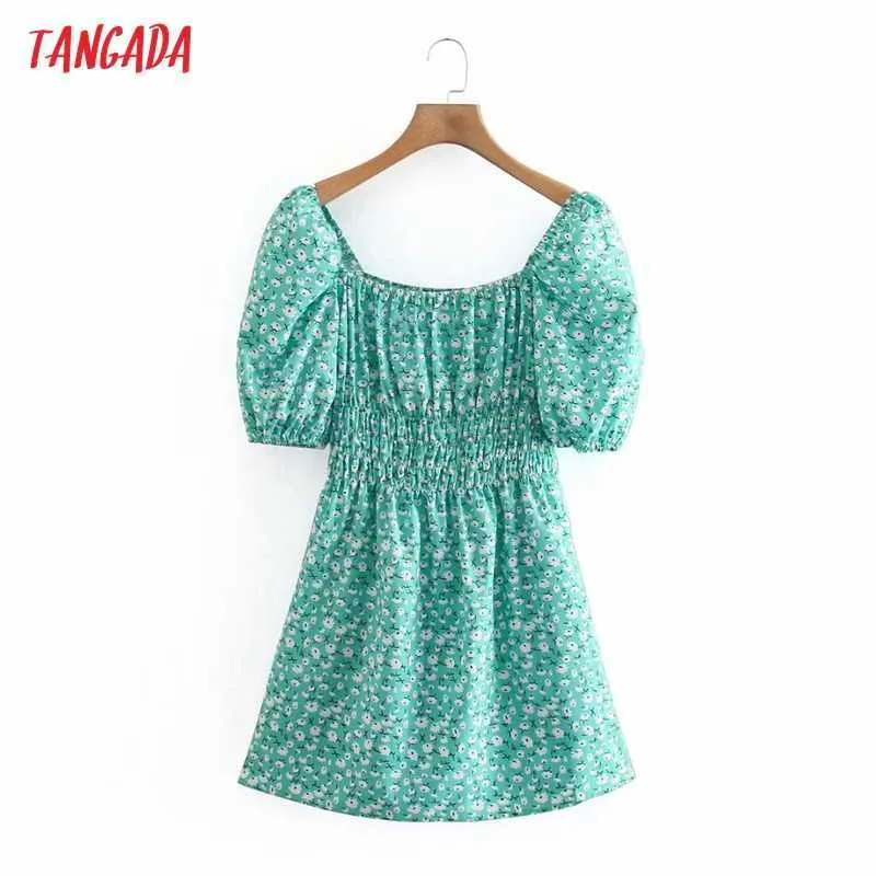 Tangada Summer Women Green Floral Print French Style Dress Puff Short Sleeve Ladies Mini Dress Vestidos XN340 210609