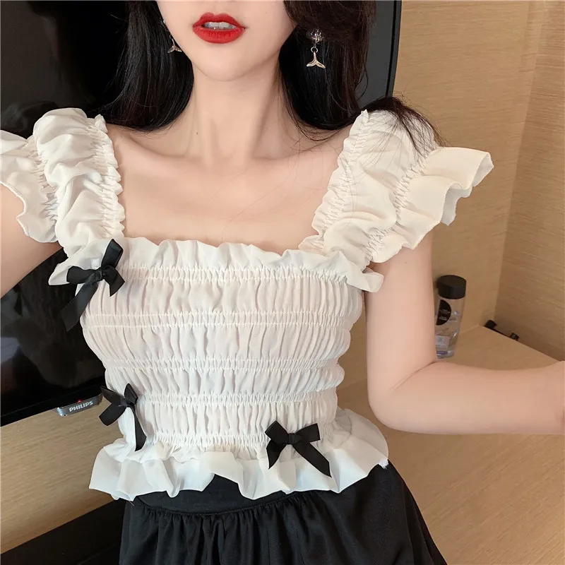 Lucyever Summer Sexy Ruffles Square-neck Tanks Women Fashion Backless Sleeveless Short Tops Ladies Slim Lace Woman Vest 210521