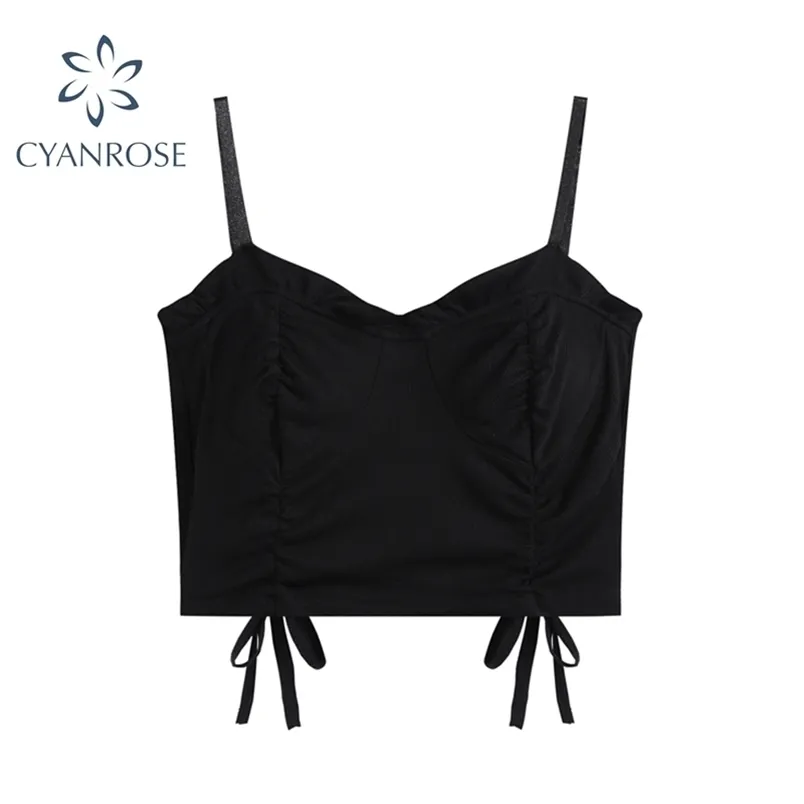 Été Noir Flods Crop Tops Femmes Mode Goth Sans Manches Camisole Femme Sexy À Lacets Culbwear Party Bar E-girl Réservoirs 210515