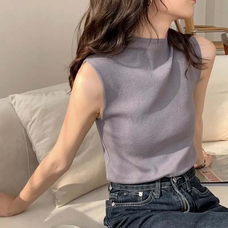 Seksi Örme Üst Yaz Balıkçı Yaka Tank Üst Kadın Kaşkorse Bluz Kolsuz Ince Üst Kadın Sleeveless T-shirt Yelek Casual Camis 210319