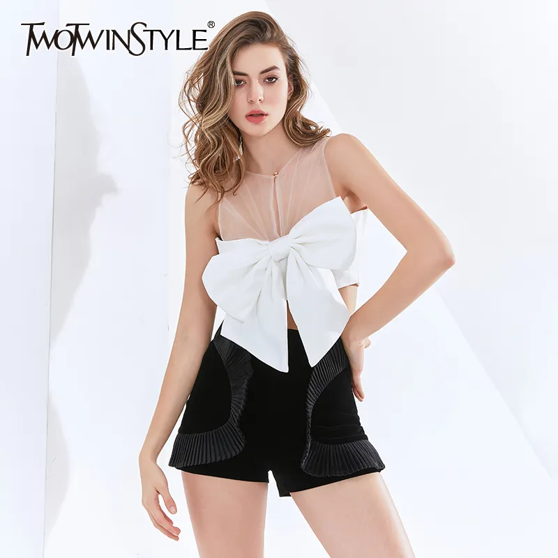 TWOTWINSTYLE Sexy Short Shirts For Women O Neck Sleeveless Patchwork Bowknot Designer Short Blouses Female Summer Clothing 210517