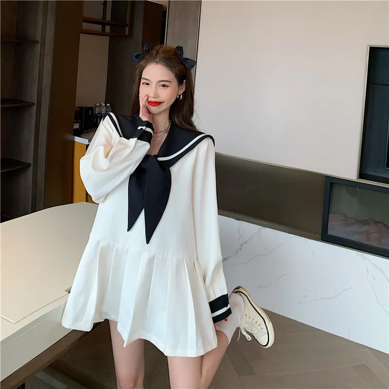 MATAKAWA Col Marin Femme Robe Printemps Coreen Plisse Mini Robes Lache Decontracte A Manches Longues Vestidos Mujer 210513 Du 18 63 DHgate
