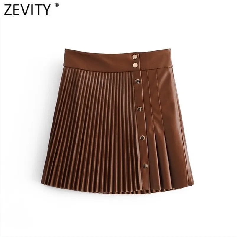 Zevity Kobiety Chic Moda Faux Skórzana Plisowana Mini Spódnica Femme Vintage Patchwork Metal Snap Przycisk Spódnice Mujer Qun710 210621