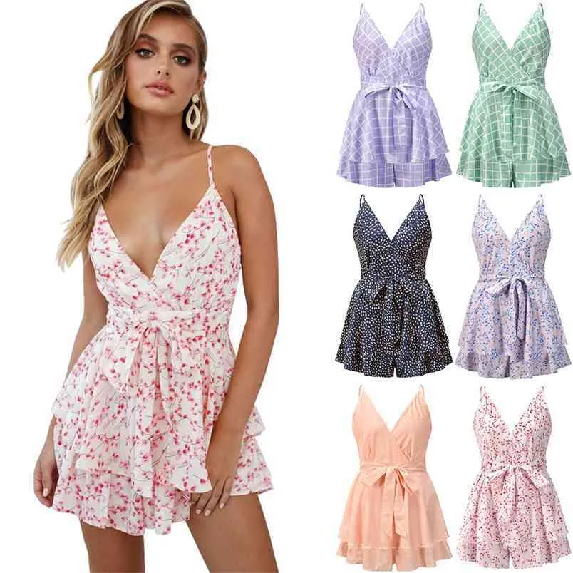 Sexy Sling Backless Playsuits For Women Casual Sleeveless Lace Up Bow Wide Leg Jumpsuit Female Summer Floral Print Short Rompers 210522