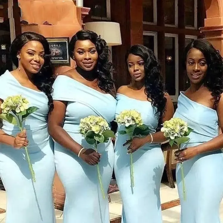 2022 One Shoulder Light Blue Mermaid Pale Blue Bridesmaid Dresses