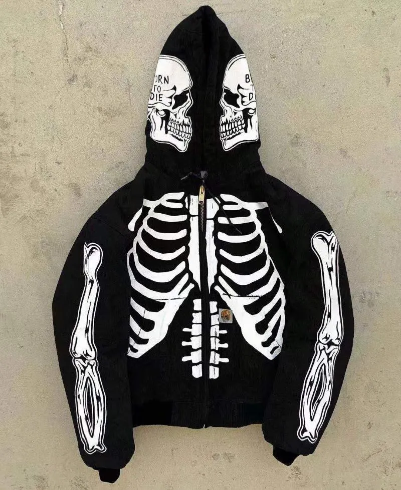 Vintage Skull Skeleton Print Thick Zip Up Hoodie Cardigan