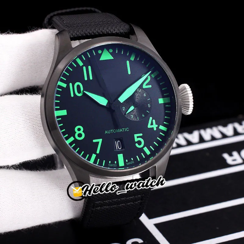 Big Pilot 46 mm IW501903 Uhren, Datum, grünes Mark-Zifferblatt, automatische Herrenuhr, 7 Tage Gangreserve, PVD-Beschichtung, schwarzes Stahlgehäuse, Nylon-Lederarmband, Sport, Hello_watch