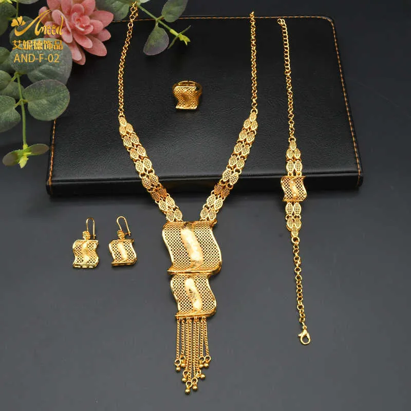 ANIID African Dubai Jewelry Gold Big Necklace Rings Set For Women Nigerian Bridal Wedding Party 24K Ethiopian Earrings Jewellery H310h