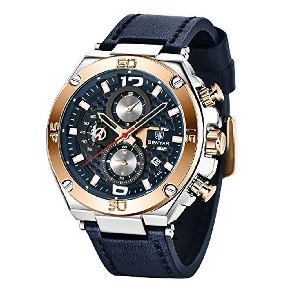 Benyar quartz chronograph waterproof watches business and sport design sales leather band strap wrist watch for men