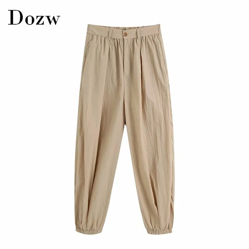 Women Solid Casual Pleated Pants Fashion High Waist Zipper Fly Trousers Elastic Khaki Pantalones Mujer 210515