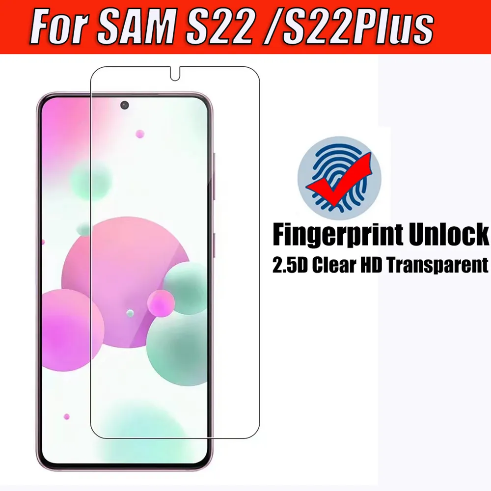 Protecteur d'écran de téléphone en verre trempé transparent 2.5D pour Samsung Galaxy S22 Plus S22Plus, support hautement transparent, déverrouillage des empreintes digitales