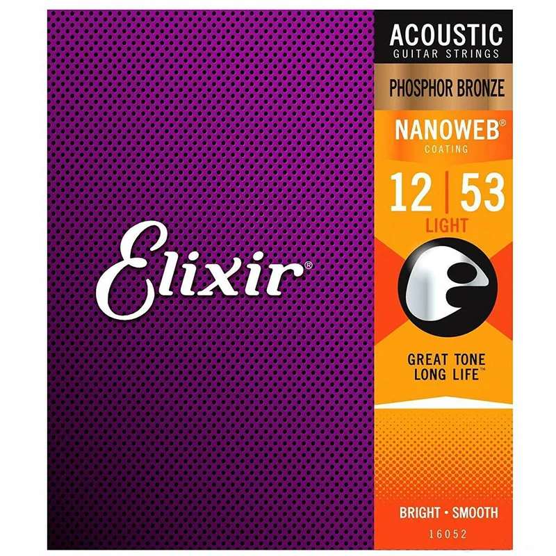 3PC Elixir 16052 Nanoweb Cordes pour guitare acoustique Light 12-53 Phosphor Bronze