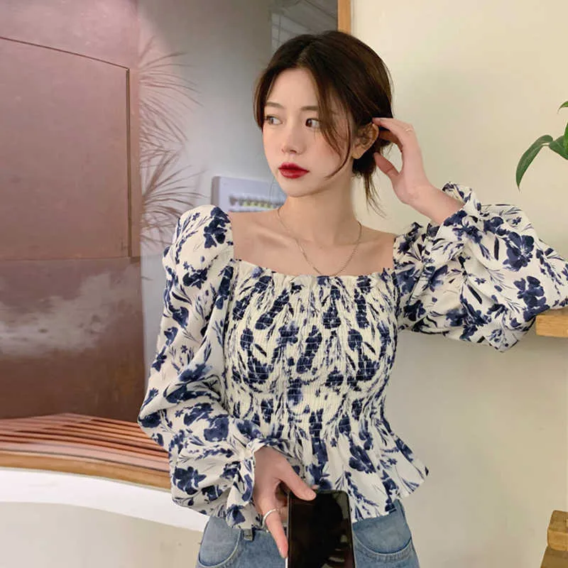 Chique Koreaanse retro vierkante nek bladerdeeg lange mouw bloemen print blouse vrouwen korte dunne slanke taille elastische blusas mujer mode tops 210610