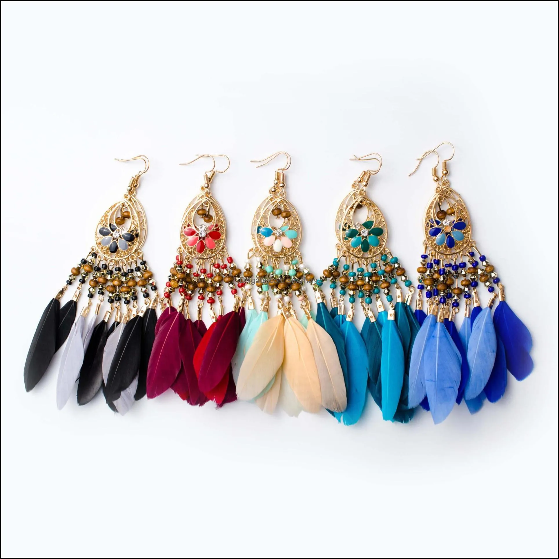 S1470 Bohemian Fashion Jewelry Vintage Feather Earrings Handmade Beads Dangle Feather Tassel Earrings