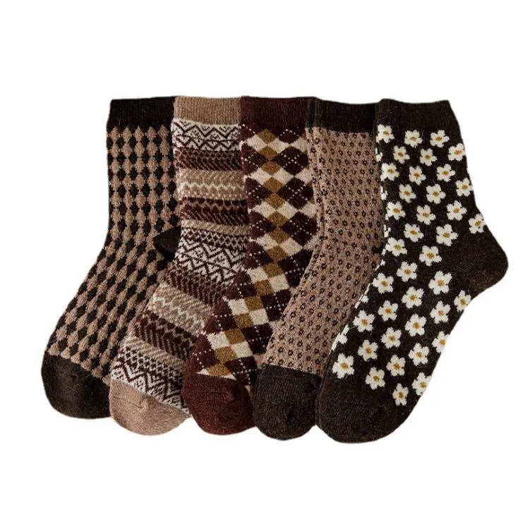 Meias femininas de inverno, quentes, grossas, de lã macia, aconchegantes, meias de malha geométricas para clima frio, presente de natal