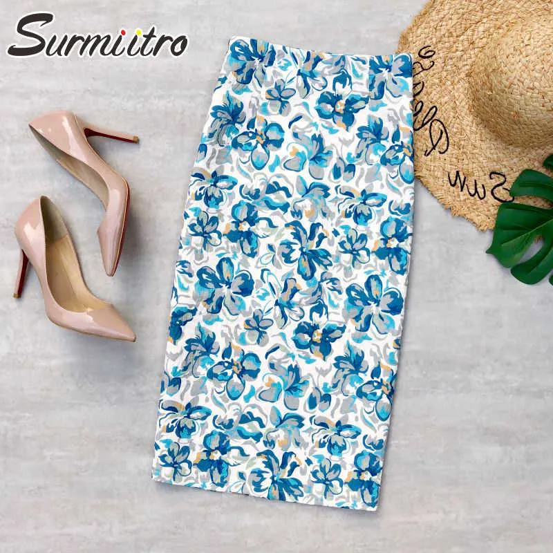 SURMIITRO Cotone Midi Gonna a tubino Donna Estate Stile coreano Floreale Elegante Fessura laterale Vita alta Gonna di media lunghezza Donna OL 210712