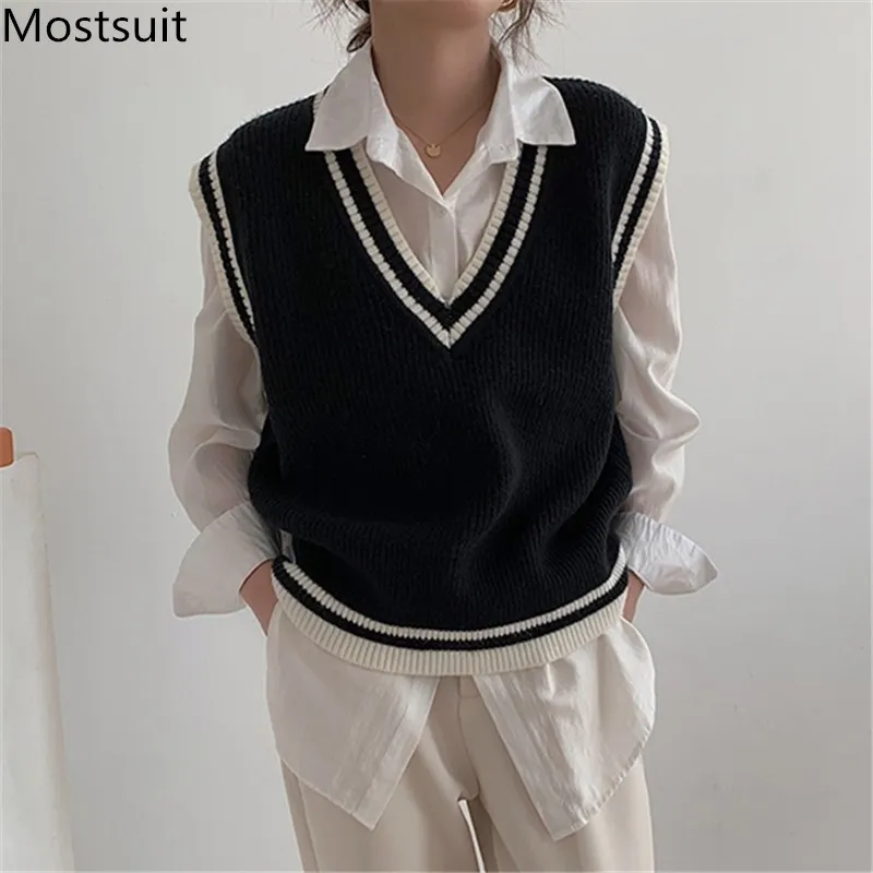 Jesień Koreański V-Neck Kamizelka Sweter Kamizelka Kobiety Vintage Eleganckie Moda Damskie Topy Swetry FEMME 210518