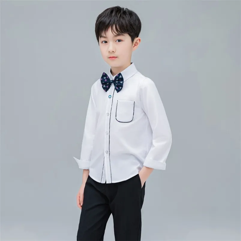 Chemises blanches de printemps pour garçons d'école adolescents col rabattu hauts angleterre style enfant en bas âge bébé vêtements à manches longues 2-16 ans 210622