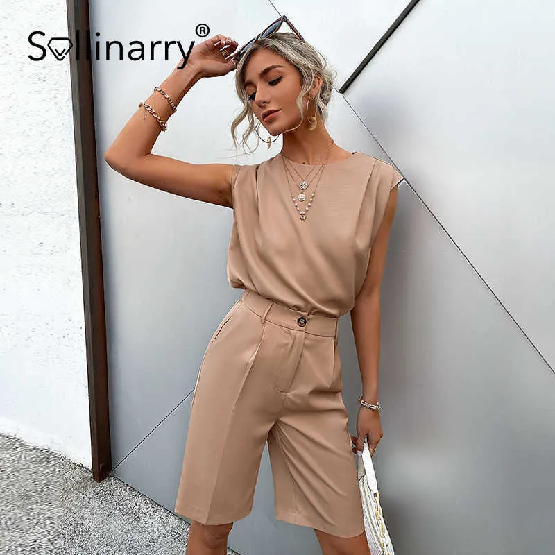 Sollinarry Top senza maniche pantaloncini gamba dritta tuta pagliaccetto Khaki O collo top tuta corta gamba larga Tutina estiva causale 210709