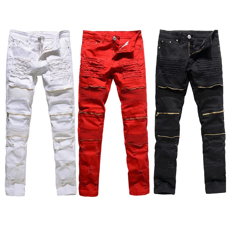 Стиль Европы мужские джинсы растягивают джинсовые джинсовые расстроенные разорванные ореозные стройные пригонки уничтожены мужские брюки черный белый красный