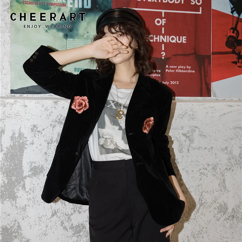 Black Velvet Blazer Women Vintage Embroidery Floral Long Sleeve Ladies Coat Suit Jacket Autumn 210427