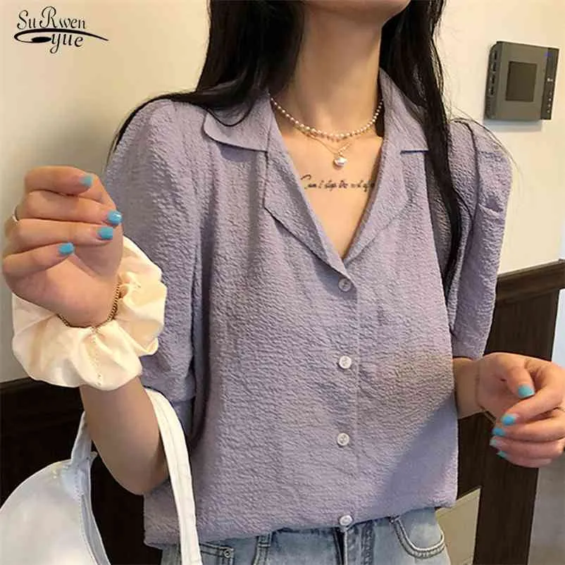 Blouse Casual Blouse Blusas Femmes Plus Taille Coton Lady Solid Lady Tops Vintage Summer Sleeve Button Chemise cardigan 10110 210510