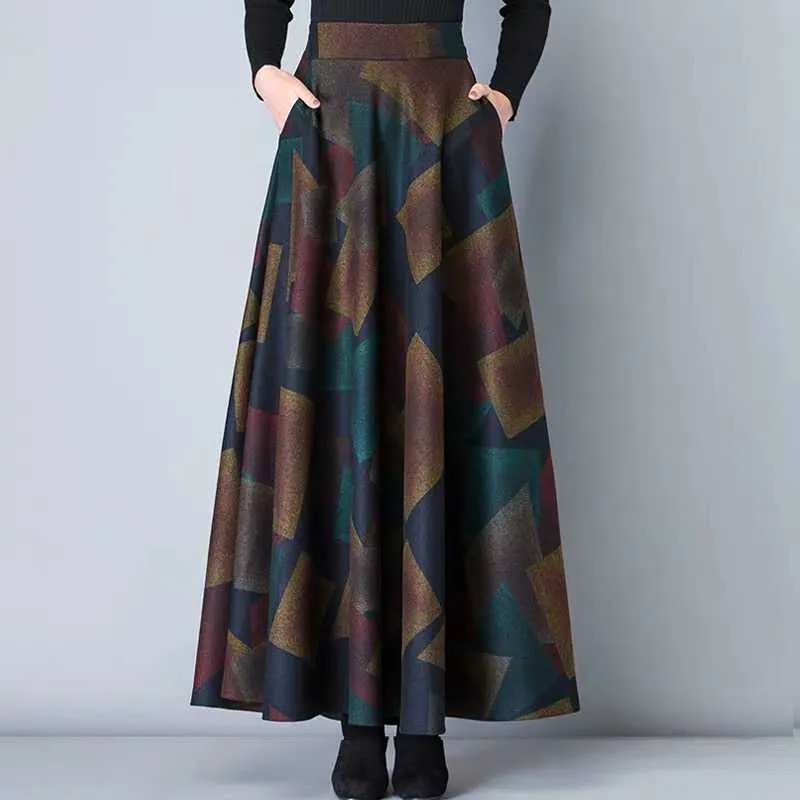 Vintage A-Line Yüksek Bel Yün Etekler Sonbahar Kış Moda kadın Yün Maxi Etekler Kadın Rahat Uzun Streetwear 210619