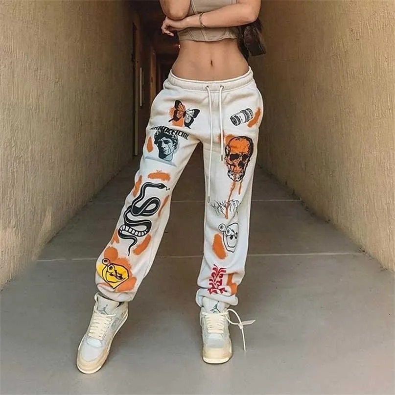 Woman Sweatpants Trousers Haruku Jogger Cartoon Skull Print Streetwear Urban Sweat Vintage Pants for Women Casual Fashion 211115