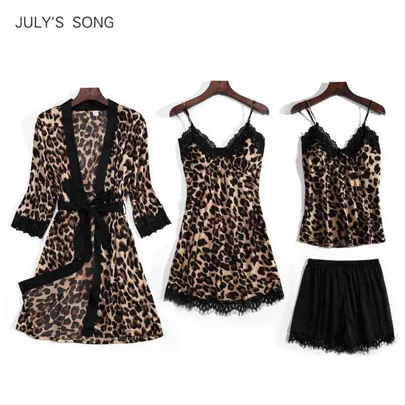 Canção de Julho Moda 4 peças Pijamas Defina Leopard Imprimir Mulher Sleepwear Artificial Silk Sling Robe com Pad Pad 210809