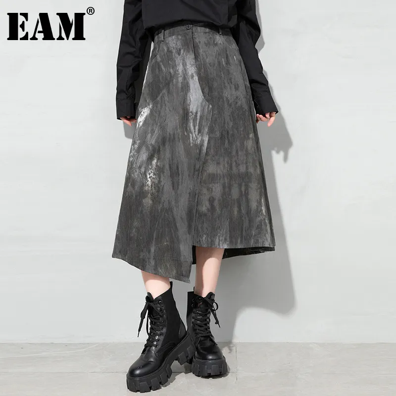 [EAM]高弾性ウエストタイ染料非対称ポケットの個人性半身スカート女性のファッション春秋1DD6962 21512