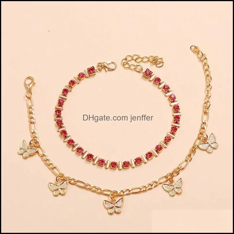 Link, Chain 2-Piece Retro Street Personality Golden Butterfly Pattern Creative Metal Anklet Inlain Pink Diamand 21701