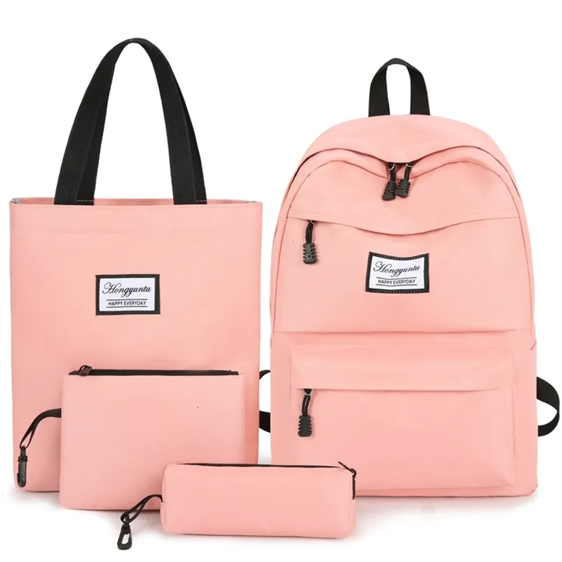 4 Set Women Backpack Soild Cor Da Lona Adequado para Meninas Adolescentes Mochila Escolar Set Mulheres Bookbags Grandes Sacos de Viagem 210809