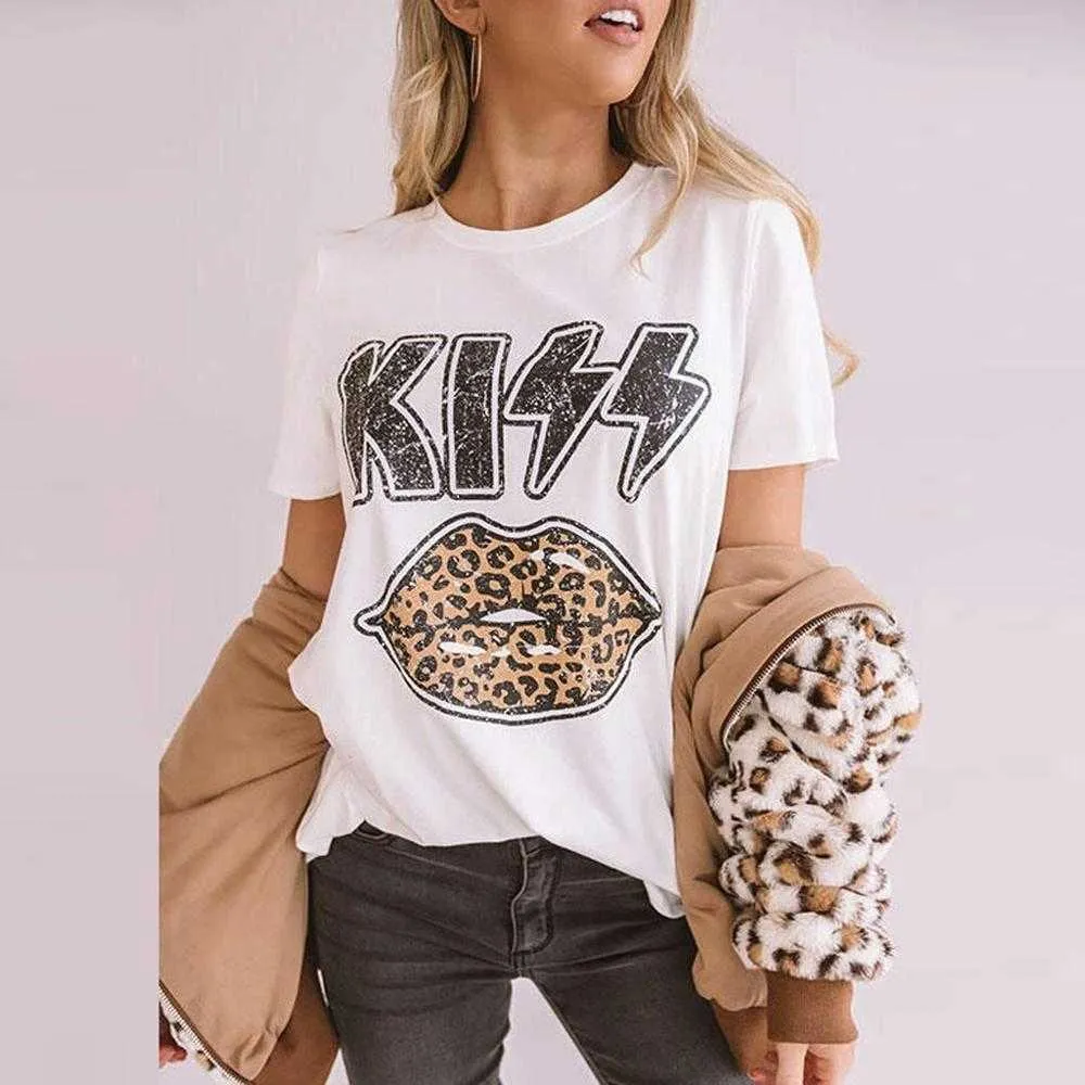 Women Short Sleeve Tops Tshirt Leopard Lips Kiss Printed Round Neck 2020 Summer Cotton Loose T-Shirt Tee Shirt Tops Streetwear X0628