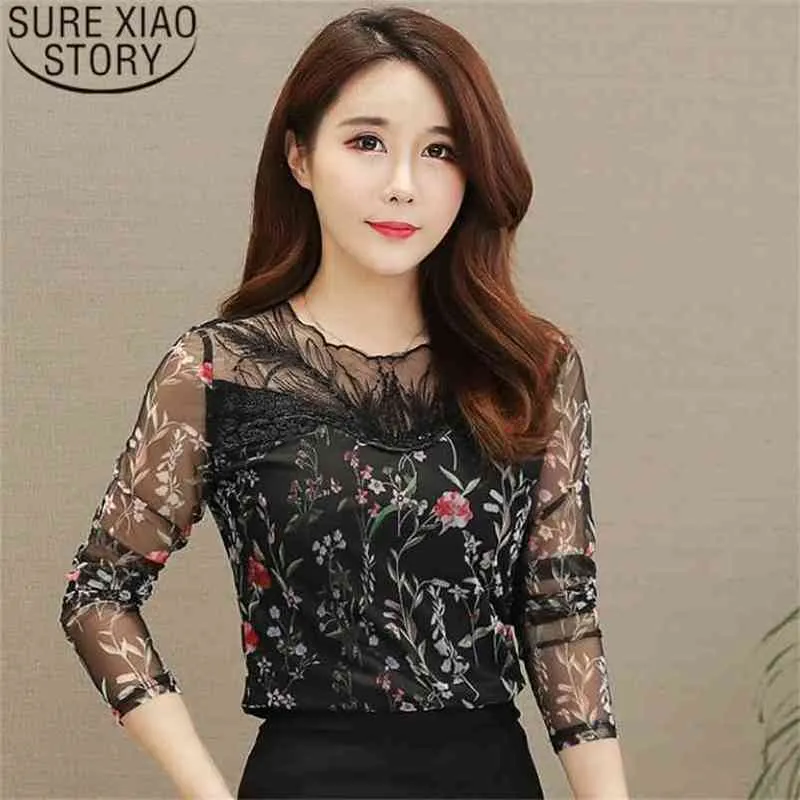 long sleeve shirts women summer Office Lady Floral print O-Neck plus size tops 2025 50 210506