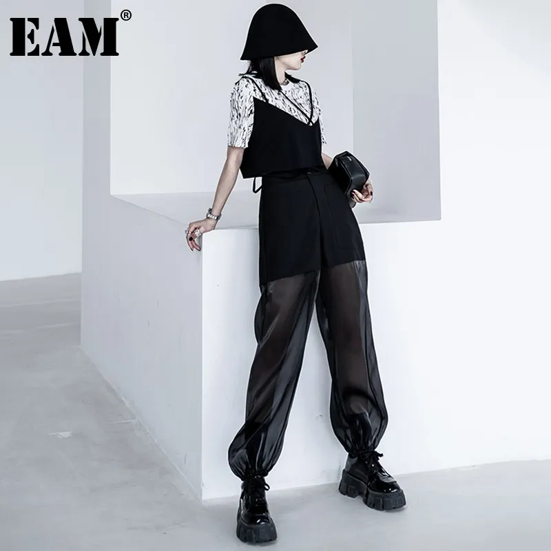 [EAM] 블랙 캐주얼 포켓 스플케이션 메쉬 높은 허리 바지 느슨한 맞는 풀 바지 여성 패션 봄 여름 1DD8790 21512