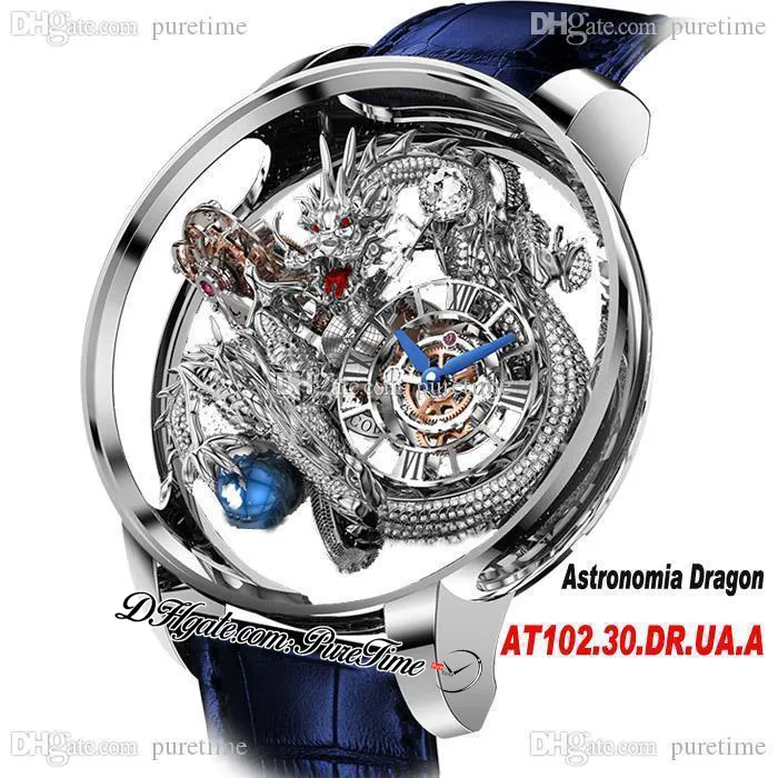 Astronomia Tourbillon Silver Dragon Swiss Quartz Herenhorloge Pave Stuk Uniek Volledig transparant Glas 3D Graveren Horloges Blauw Lederen Super Edition Puretime B2