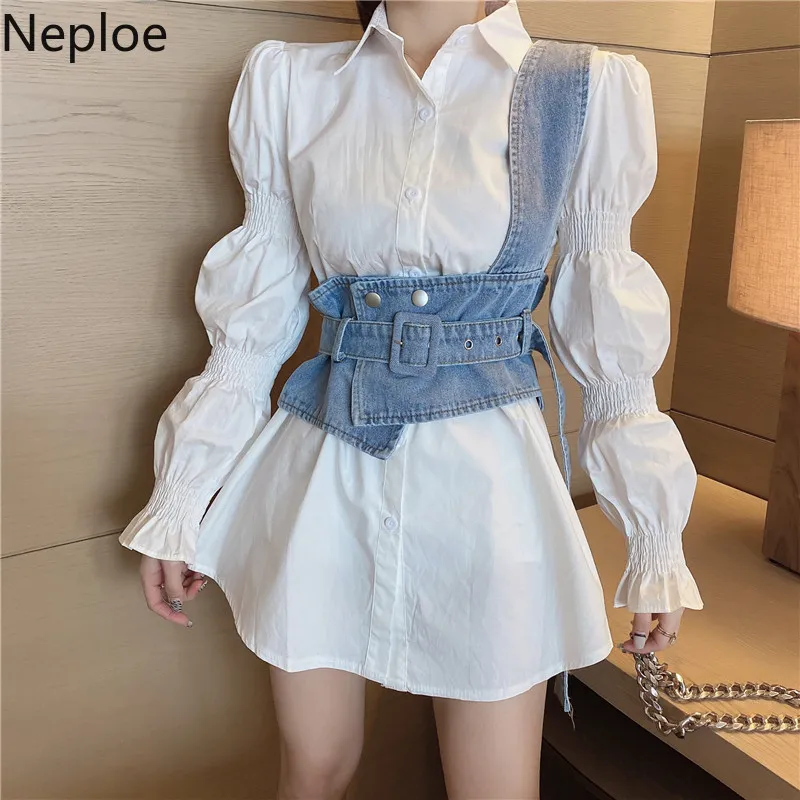 NEPLOE Korean Suit 2 Piece Set Loose Puff Sleeve Vit Blus Toppar Slim Waist Oregular Cowboy Vest Två Piece Outfits för Kvinnor 210422