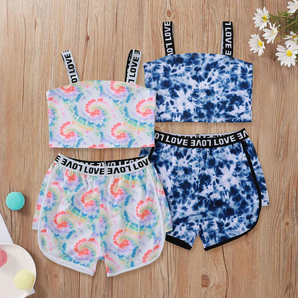 Sling Letter Printing Children's Clothes Set Fashion Tie-dye For Boys and Girls Summer Kids Sports Suit 210515