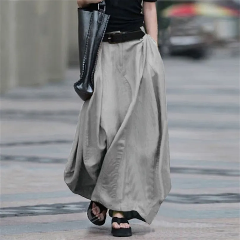 Sommar lång kjol kvinnor plus storlek 5xl vintage elastisk hög midja delade benfickor mjuk lös solid A-line kjolar Femle 210619