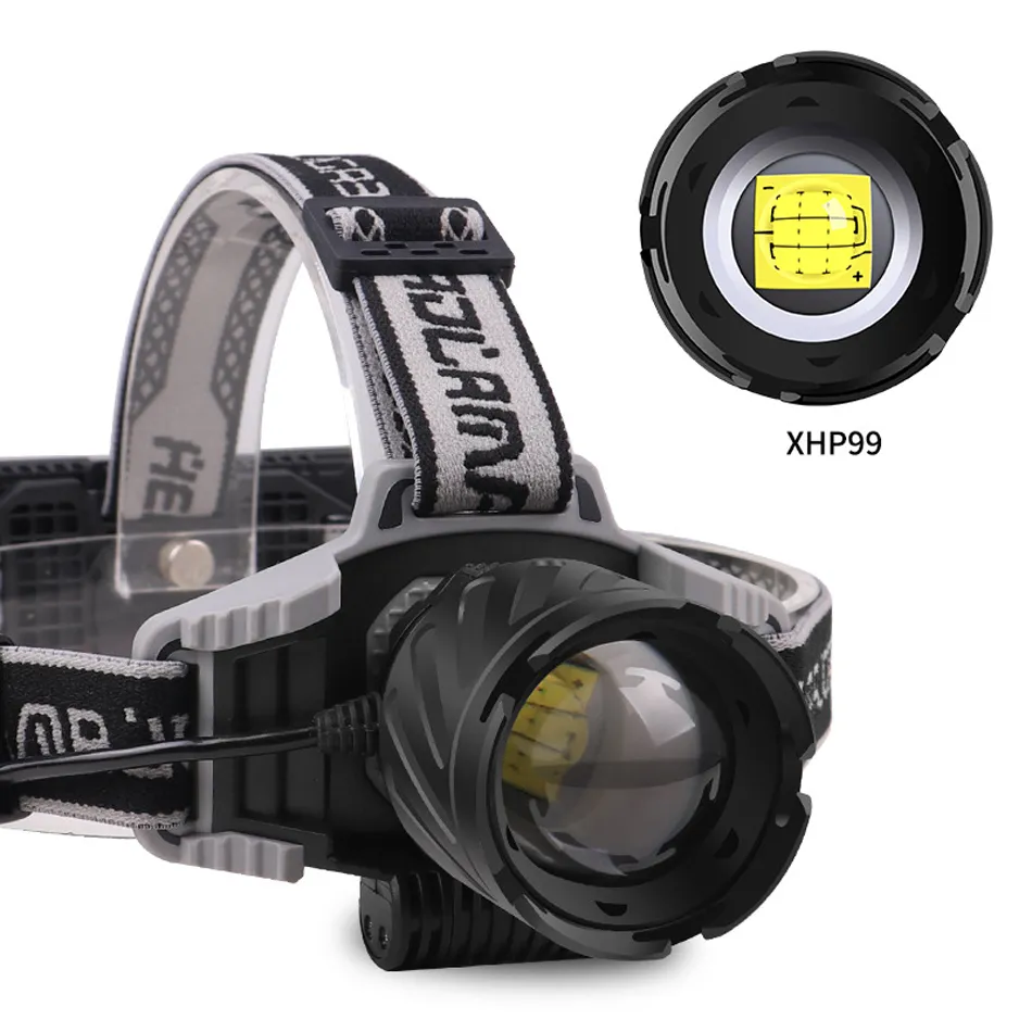 Puissance haute puissance XHP99 Super Bright LED Lampe à tête de pêche Headlapes de pêche Zoom télescopique IP64 imperméable à l'affichage de charge