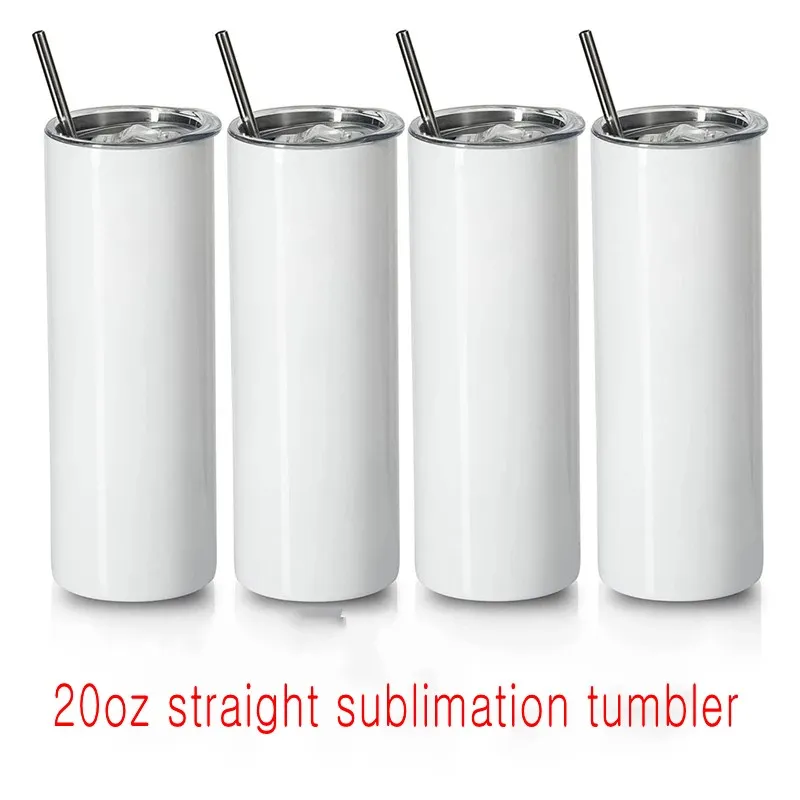 US STOCK Sublimation Blanks Tumbler White 20OZ Straight Stainless Steel Tumbler with Plastic Straw And Lid